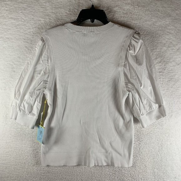 CeCe Sweater Women's XL Ultra White Puff Sleeve Ribbed Pullover Scoop Neck S7904 - Picture 2 of 8